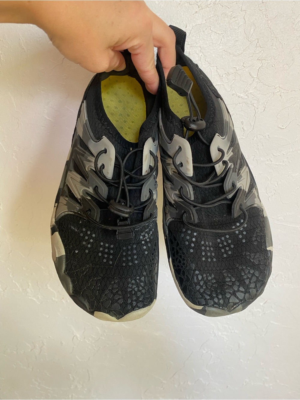 Black Slip-On Barefoot Style Athletic Shoes with Camo Gray Accents
